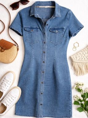 Noisy May Blue Denim Button-Front Midi Dress